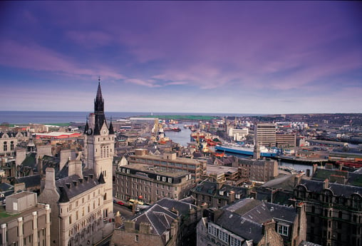 The lighthouse in the background across the rooftops of Aberdeen city centre.