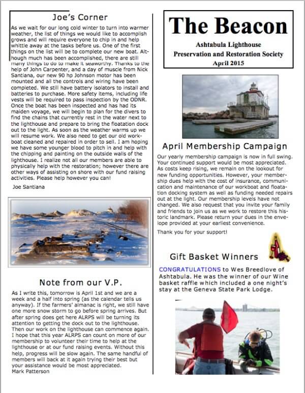 Ashtabula lighthouse newsletter